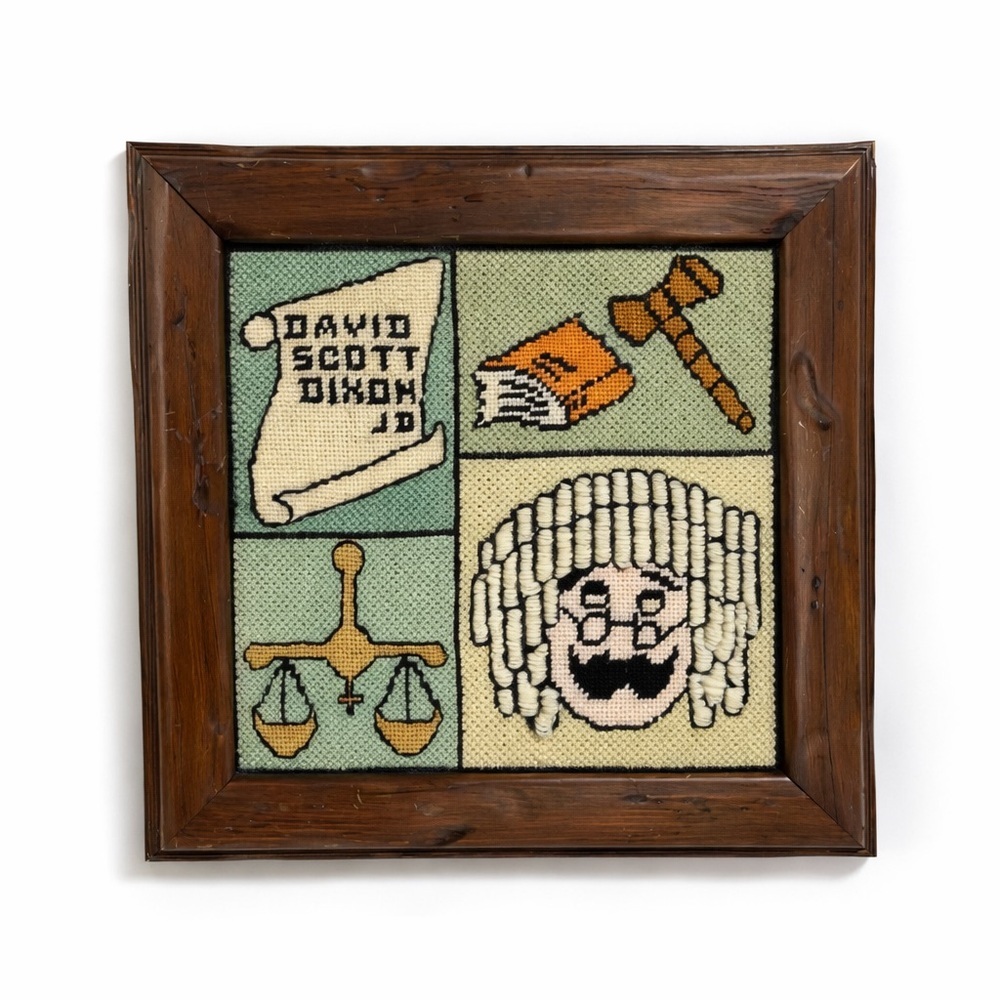 Vintage 70s Framed Crewel Embroidery Picture judge Dixon green brown